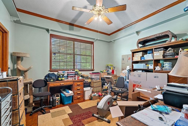 126 Gemstone Dr, Franklinton, LA 70438 - office area with a ceiling fan, wood finished floors, crown molding, and a textured ceiling