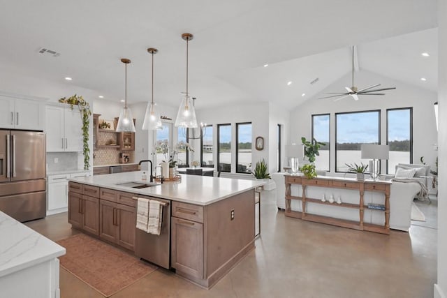 52554 Shore Dr, Franklinton, LA 70438 - kitchen featuring stainless steel appliances, white cabinetry, a ceiling fan, backsplash, and open shelves