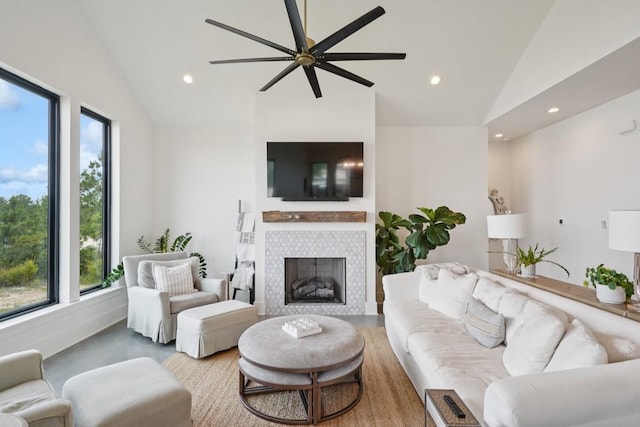 52554 Shore Dr, Franklinton, LA 70438 - living area featuring recessed lighting, ceiling fan, a fireplace, and high vaulted ceiling