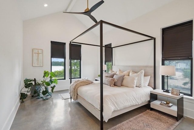 52554 Shore Dr, Franklinton, LA 70438 - bedroom with concrete flooring, high vaulted ceiling, recessed lighting, ceiling fan, and beam ceiling