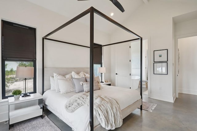 52554 Shore Dr, Franklinton, LA 70438 - bedroom with finished concrete flooring, vaulted ceiling, connected bathroom, and recessed lighting