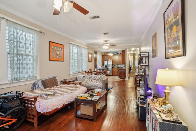 432426 Banks St, New Orleans, LA 70119 - living area with a ceiling fan, dark wood-style flooring, and crown molding