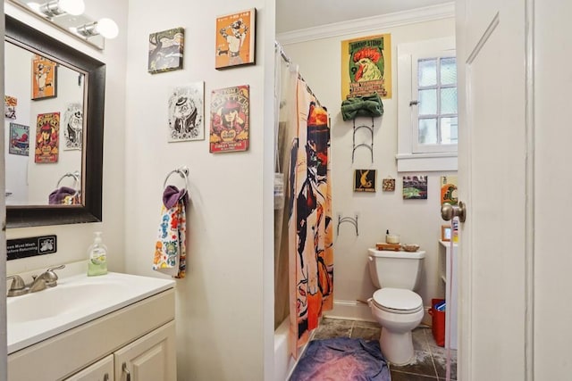 432426 Banks St, New Orleans, LA 70119 - bathroom with vanity, ornamental molding, and a shower with shower curtain