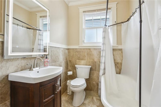62426 9th St, New Orleans, LA 70115 - bathroom with healthy amount of natural light, tile walls, vanity, ornamental molding, and shower / bath combo