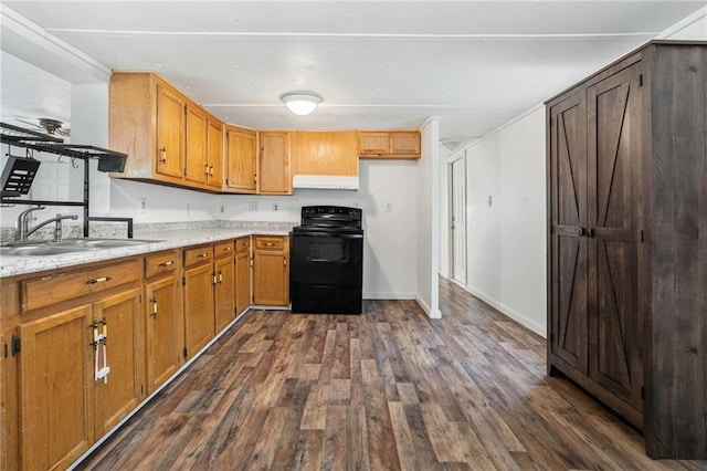 564 Mathew St, Lafitte, LA 70067 - kitchen featuring black / electric stove, extractor fan, dark wood-style floors, light countertops, and brown cabinetry