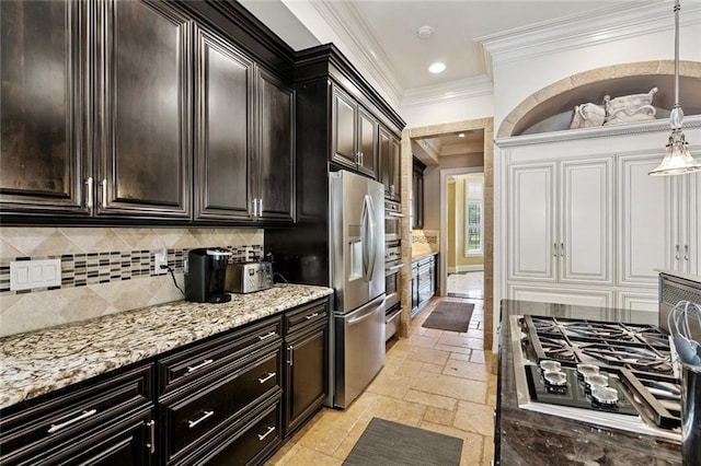 154 Primrose Dr, Belle Chasse, LA 70037 - kitchen featuring crown molding, appliances with stainless steel finishes, stone tile flooring, light stone countertops, and tasteful backsplash