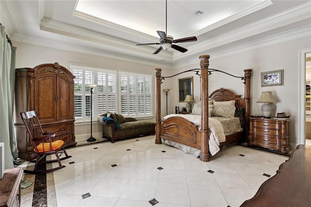 154 Primrose Dr, Belle Chasse, LA 70037 - bedroom with a raised ceiling, light tile patterned floors, ornamental molding, and ceiling fan