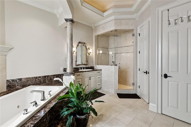 154 Primrose Dr, Belle Chasse, LA 70037 - full bathroom featuring crown molding, a stall shower, vanity, a whirlpool tub, and ornate columns