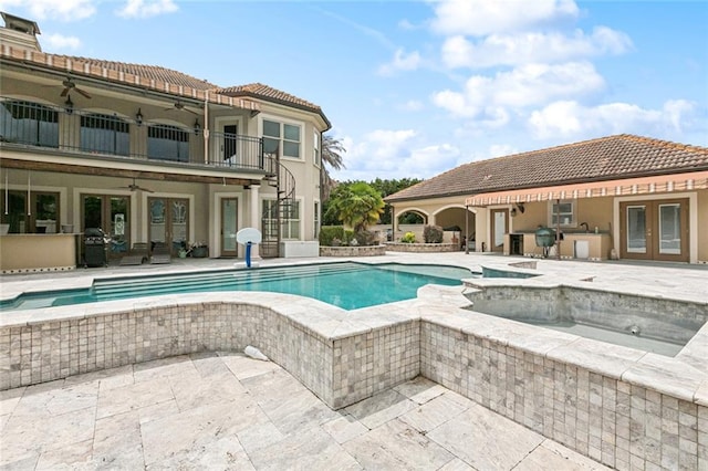 154 Primrose Dr, Belle Chasse, LA 70037 - view of pool featuring french doors, ceiling fan, area for grilling, a patio area, and a pool with connected hot tub