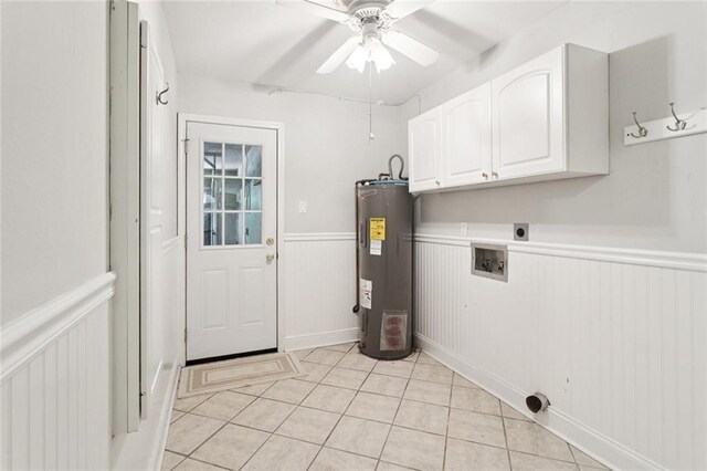 1605 Rue Lemans, Slidell, LA 70458 - washroom featuring water heater, cabinet space, electric dryer hookup, a wainscoted wall, and ceiling fan