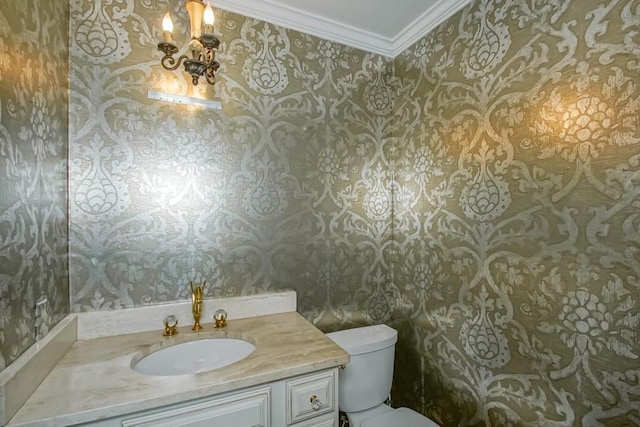 8808 Chretien Point Pl, River Ridge, LA 70123 - bathroom featuring wallpapered walls, vanity, and crown molding