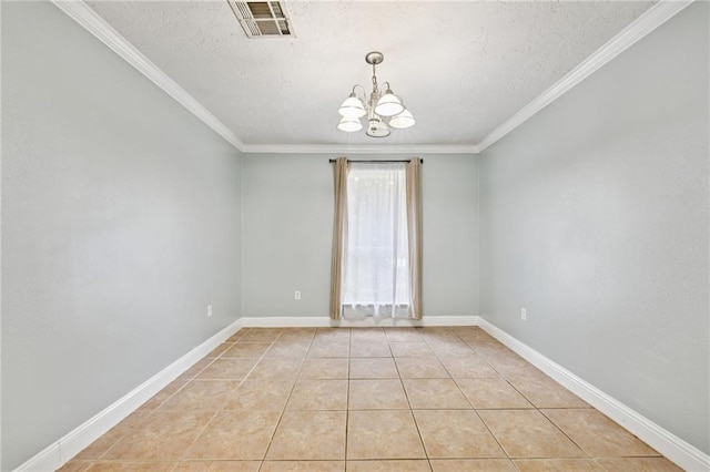 2142 Park Dr, Slidell, LA 70458 - empty room with a chandelier, a textured ceiling, light tile patterned flooring, and crown molding
