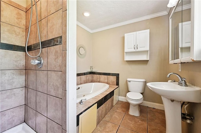 2142 Park Dr, Slidell, LA 70458 - bathroom with a jetted tub, ornamental molding, tile patterned flooring, a tile shower, and a textured ceiling