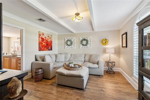 9408 Citrus Ln, River Ridge, LA 70123 - living room featuring light wood-type flooring and beam ceiling