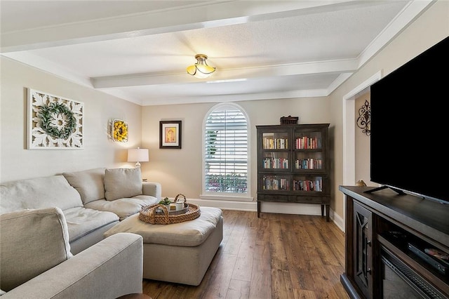 9408 Citrus Ln, River Ridge, LA 70123 - living area with beam ceiling, wood finished floors, and ornamental molding