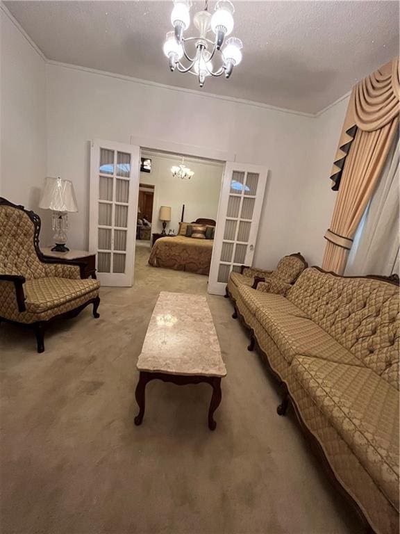 842426 Willow St, New Orleans, LA 70118 - carpeted living room featuring a chandelier, french doors, crown molding, and a textured ceiling