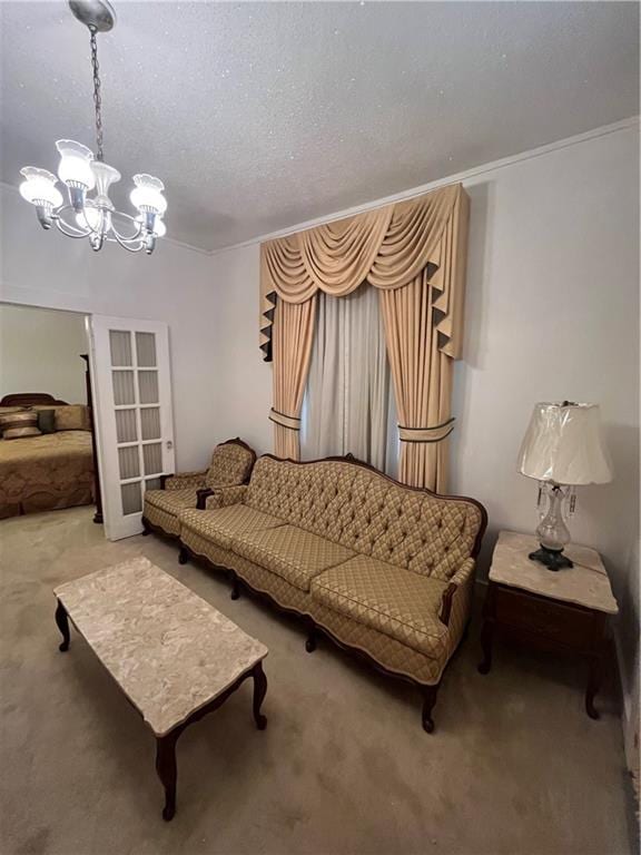 842426 Willow St, New Orleans, LA 70118 - carpeted living area featuring a chandelier, ornamental molding, and french doors