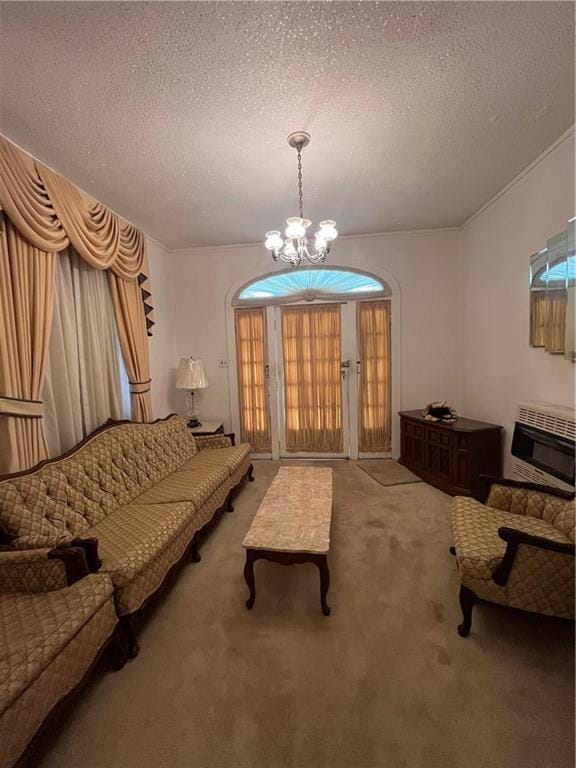 842426 Willow St, New Orleans, LA 70118 - living room featuring heating unit, a chandelier, carpet flooring, and a textured ceiling