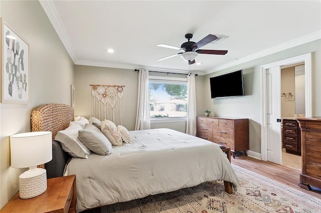 7320 General Haig St, New Orleans, LA 70124 - bedroom featuring light wood-style floors, crown molding, recessed lighting, and ceiling fan