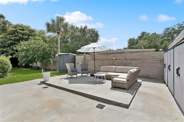 7320 General Haig St, New Orleans, LA 70124 - view of patio / terrace with a shed and outdoor lounge area