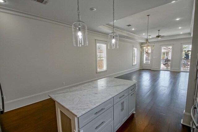 412 N Miro St, New Orleans, LA 70119 - kitchen with a raised ceiling, open floor plan, dark wood-type flooring, recessed lighting, and ornamental molding