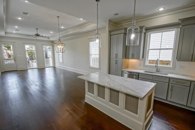 412 N Miro St, New Orleans, LA 70119 - kitchen with gray cabinets, a tray ceiling, dark wood-type flooring, crown molding, and a ceiling fan