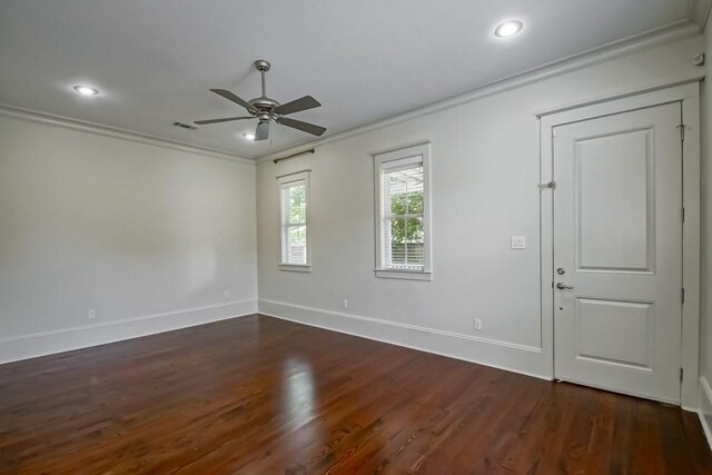 412 N Miro St, New Orleans, LA 70119 - unfurnished room with crown molding, dark wood finished floors, ceiling fan, and recessed lighting