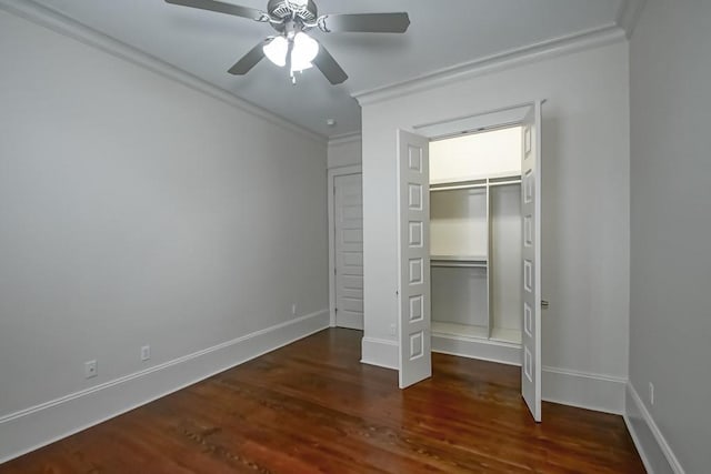 412 N Miro St, New Orleans, LA 70119 - unfurnished bedroom with ornamental molding, wood finished floors, a closet, and ceiling fan