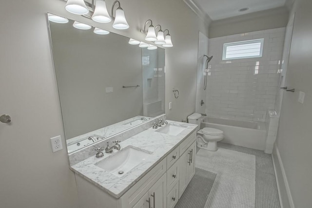 412 N Miro St, New Orleans, LA 70119 - full bathroom with double vanity, shower / bathtub combination, crown molding, and tile patterned floors