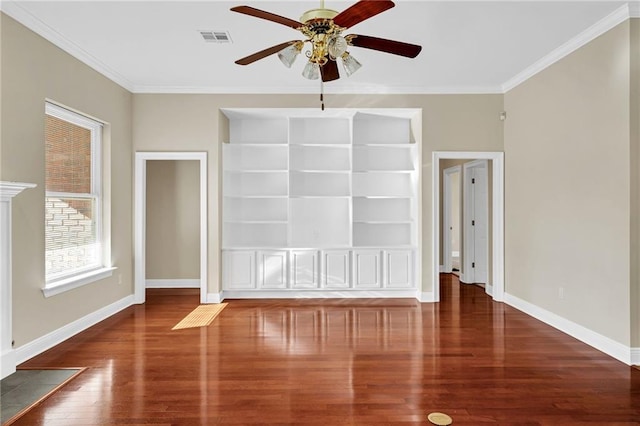 147 Jesuit Bend Dr, Belle Chasse, LA 70037 - spare room with ceiling fan, wood finished floors, ornamental molding, and built in shelves