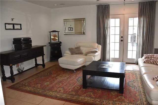 5501 Chatham Dr, New Orleans, LA 70122 - tiled living area with french doors, plenty of natural light, and ornamental molding