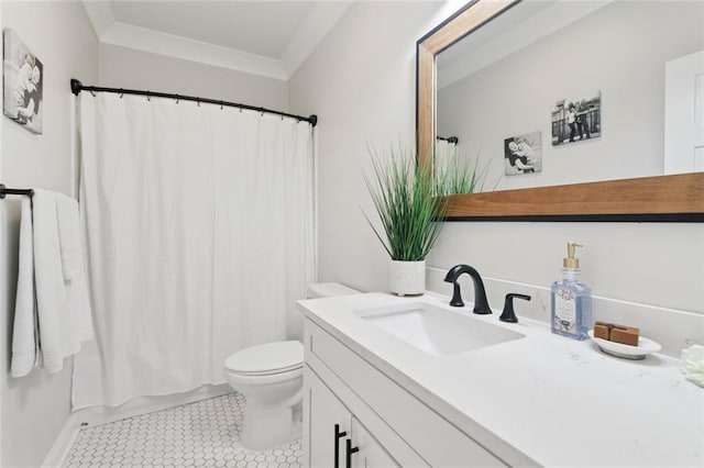 702 Pine St, Madisonville, LA 70447 - bathroom featuring vanity, ornamental molding, and shower / tub combo with curtain
