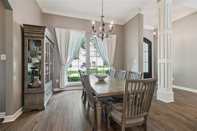 230 Delta Dr, Mandeville, LA 70448 - dining area featuring wood finished floors, a chandelier, and crown molding