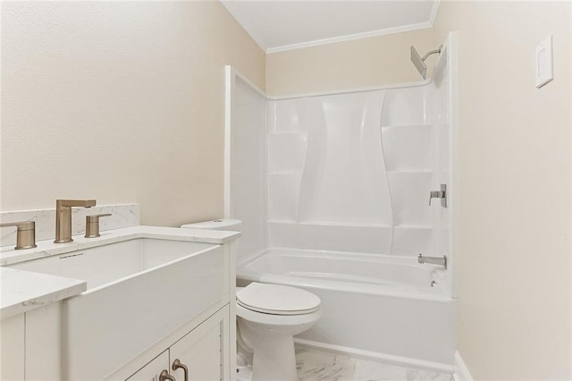 3028 Concordia Dr, La Place, LA 70068 - full bath featuring vanity, marble look tile flooring, washtub / shower combination, and crown molding