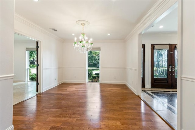 700 Crystal St, New Orleans, LA 70124 - empty room with a chandelier, wood finished floors, ornamental molding, and recessed lighting
