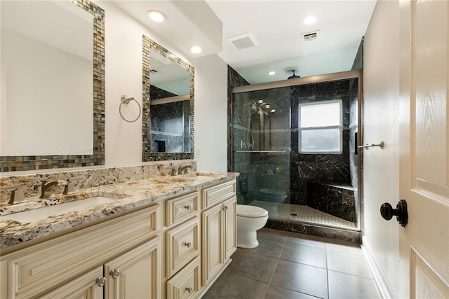 700 Crystal St, New Orleans, LA 70124 - bathroom featuring tile patterned floors, a marble finish shower, double vanity, and recessed lighting