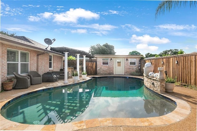 700 Crystal St, New Orleans, LA 70124 - view of swimming pool with a fenced backyard, an outdoor structure, and a patio