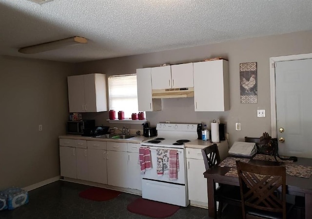 11539 Wendell Ln, Hammond, LA 70401 - kitchen with white range with electric cooktop, extractor fan, a textured ceiling, light countertops, and white cabinets