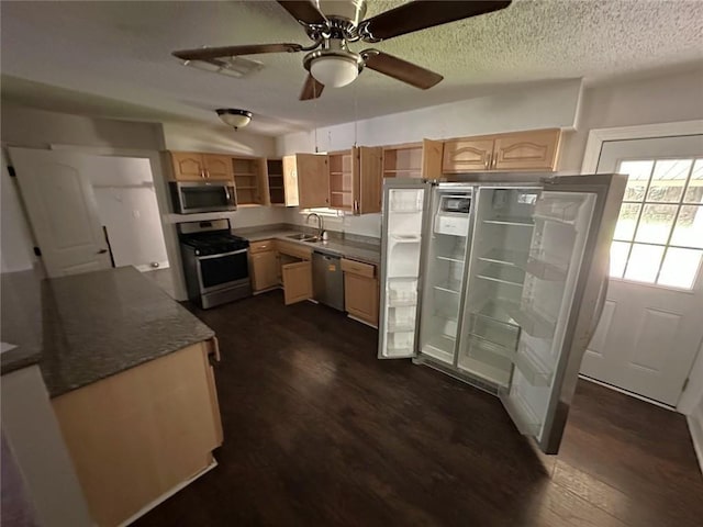 1505 Saint Ann Pl, Slidell, LA 70460 - kitchen featuring stainless steel appliances, open shelves, dark wood-style flooring, a ceiling fan, and dark countertops