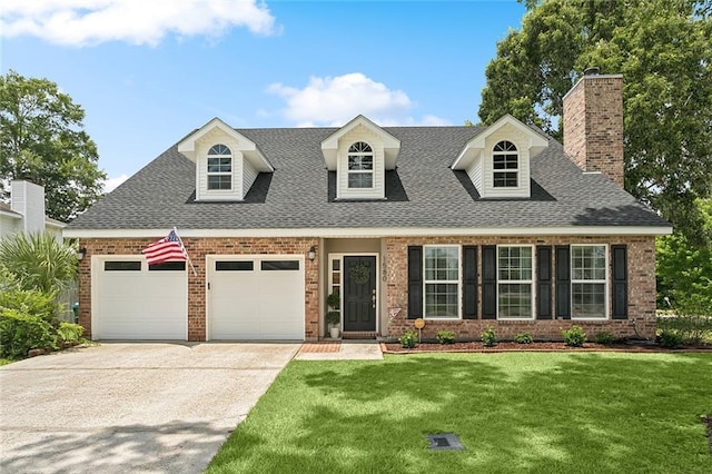 1580 Cherry Ridge Ct, Mandeville, LA 70448 - cape cod home with brick siding, a garage, a front yard, driveway, and a shingled roof