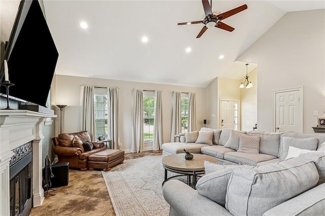 1580 Cherry Ridge Ct, Mandeville, LA 70448 - living area with a fireplace, a ceiling fan, high vaulted ceiling, recessed lighting, and a chandelier