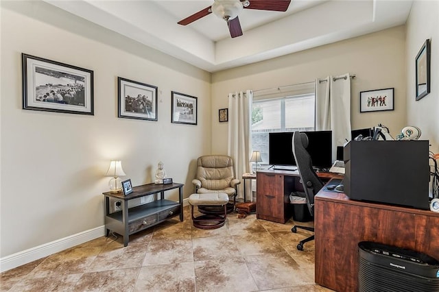 1580 Cherry Ridge Ct, Mandeville, LA 70448 - office with a ceiling fan and a tray ceiling