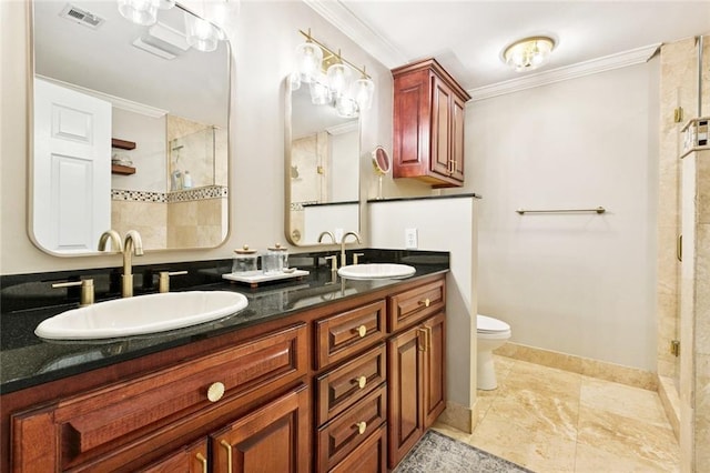33 Rosedown Dr, Destrehan, LA 70047 - bathroom with tiled shower, double vanity, and crown molding
