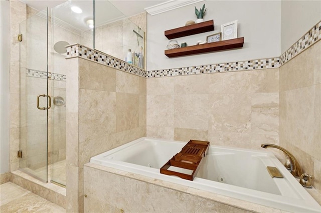 33 Rosedown Dr, Destrehan, LA 70047 - bathroom featuring tile walls, a shower stall, ornamental molding, and a jetted tub