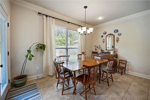 17509 Waterloo Dr, Baton Rouge, LA 70817 - dining room featuring crown molding, a chandelier, light tile patterned flooring, and recessed lighting