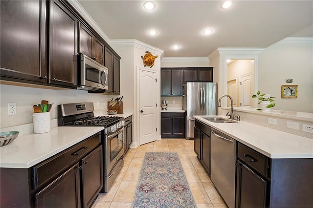 17509 Waterloo Dr, Baton Rouge, LA 70817 - kitchen featuring stainless steel appliances, dark brown cabinetry, ornamental molding, recessed lighting, and light tile patterned floors