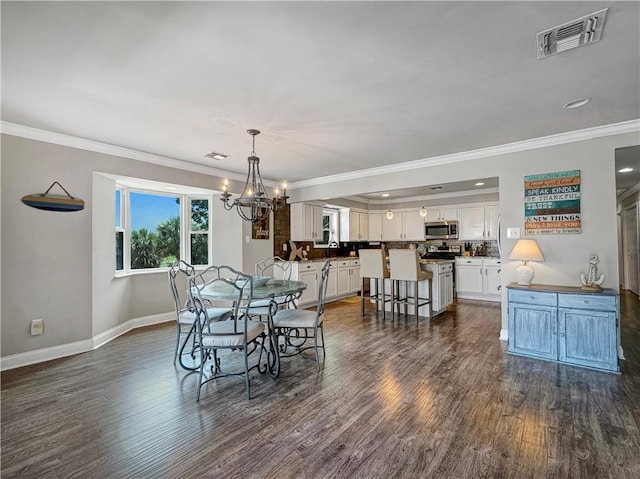 4230 Murano Rd, New Orleans, LA 70129 - dining space with a chandelier, crown molding, and dark wood finished floors