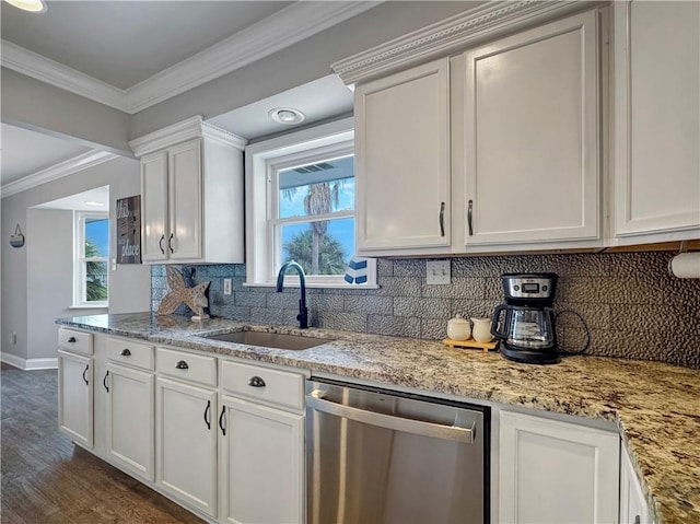 4230 Murano Rd, New Orleans, LA 70129 - kitchen featuring dishwasher, dark wood-style flooring, tasteful backsplash, crown molding, and light stone countertops
