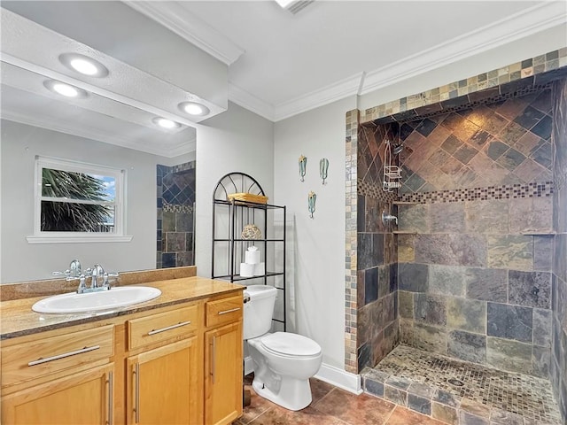 4230 Murano Rd, New Orleans, LA 70129 - bathroom with ornamental molding, vanity, tiled shower, and recessed lighting