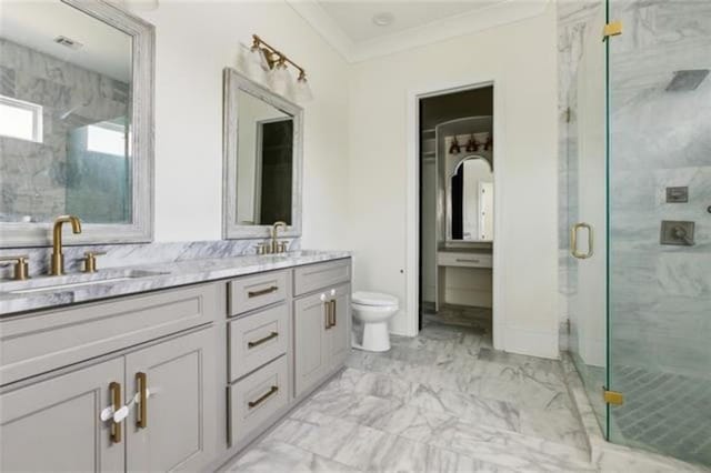 2342 Odin St, New Orleans, LA 70122 - bathroom featuring double vanity, a marble finish shower, marble look tile flooring, and ornamental molding